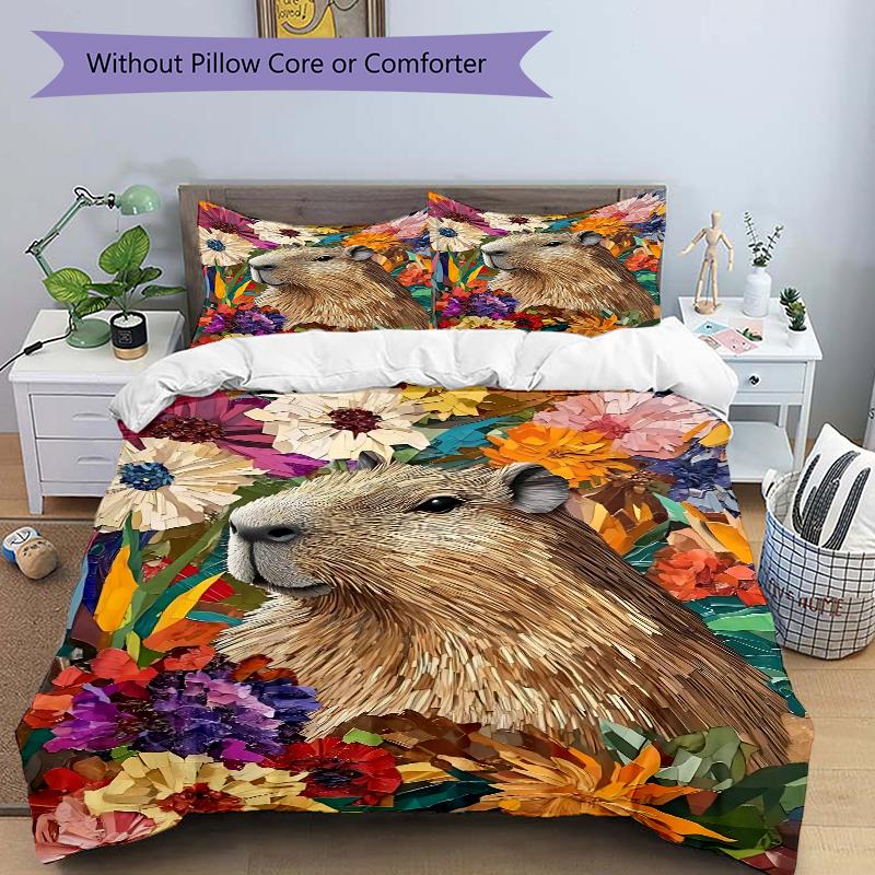 3Pcs Capybara Colorful Flowers Bedding Set Soft Fabric Duvet Cover Pillowcases Home Christmas Xmas Halloween Gift 1 Duvet Cover 2 Pillowcase G1302
