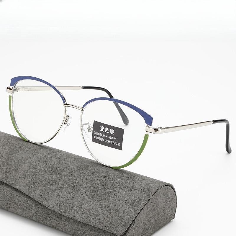 European and American glasses metal cat eyes color changing anti blue light fashionable and versatile trendy glasses