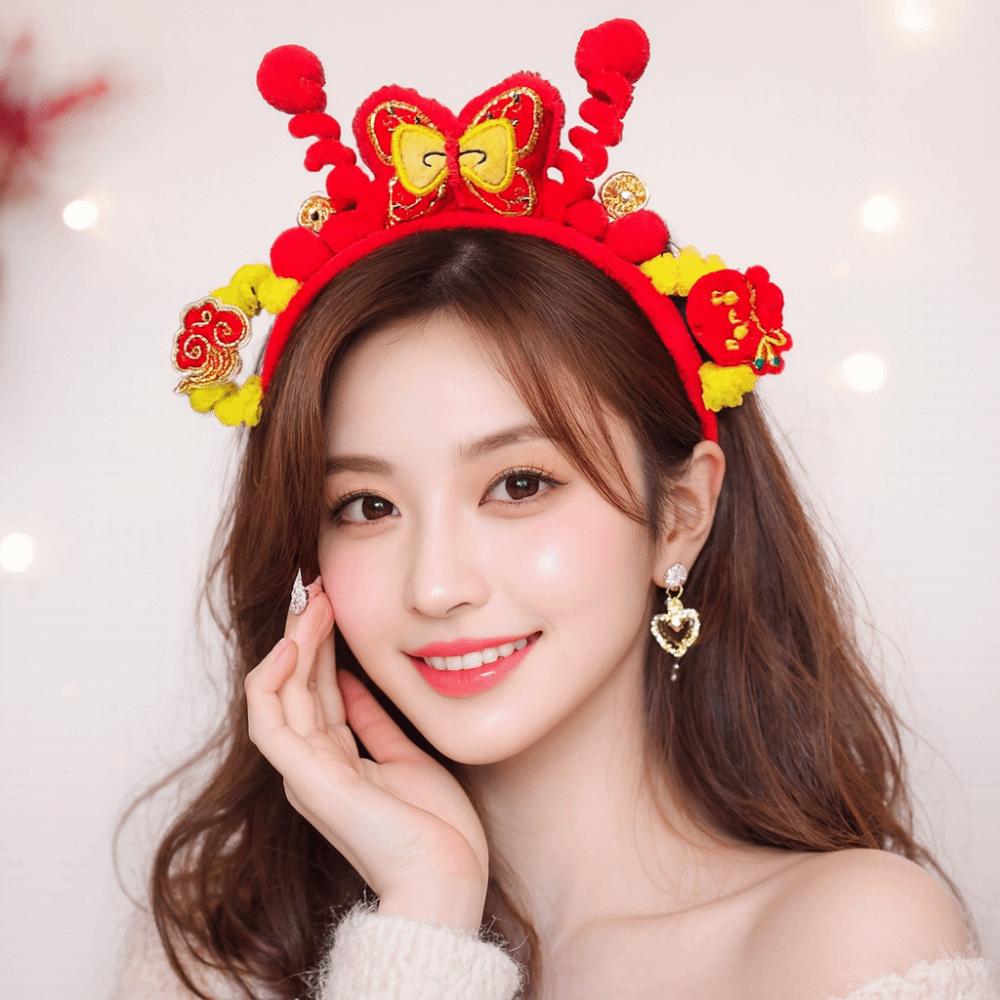 Headwear New Year Hair Hoop Embroidered Bow Ancient Style Hairband Cute Red Plush Headband  Gift