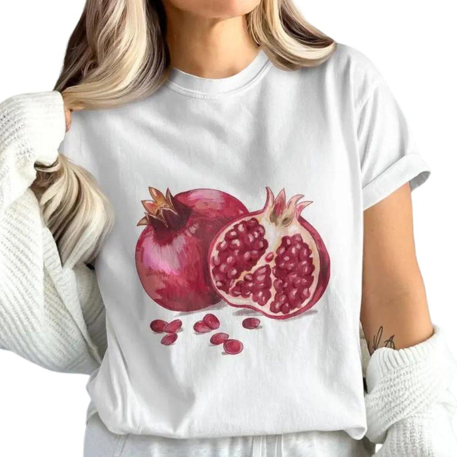 Pomegranate Shirt Watercolor Fruit Tee | Botanical Graphic T-Shirt Cottagecore Nature Art Unisex Tee 3XL