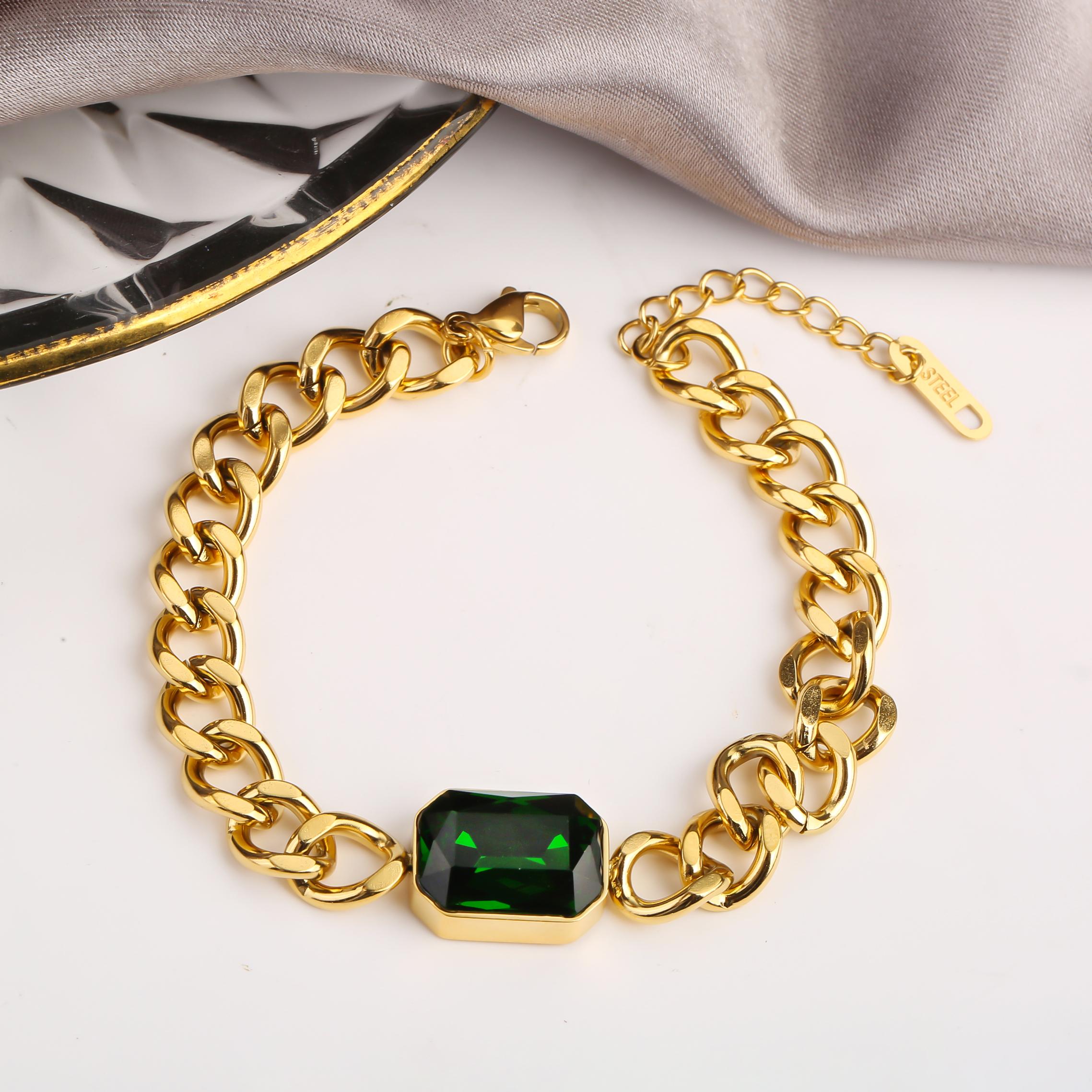 

Hot Selling Classic Rectangle Six-Sided Polished Crystal Stainless Steel Bracelet For Men Women Wedding Birthday Zircon Gift зелёный