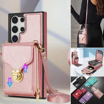 Lanyard Ledertasche mit Crossbody-Riemen für Samsung Galaxy S26 S25 Ultra S24 S23 FE S22 S21 Plus A36 A56 A37 A14 A54 Geldbörsenhülle