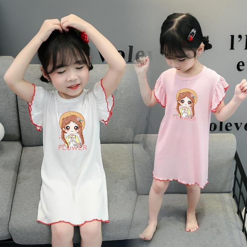 Girls Summer Ice Silk Short Sleeve Cartoon Nightgown Lightweight Pajama Dress for Toddlers and Kids