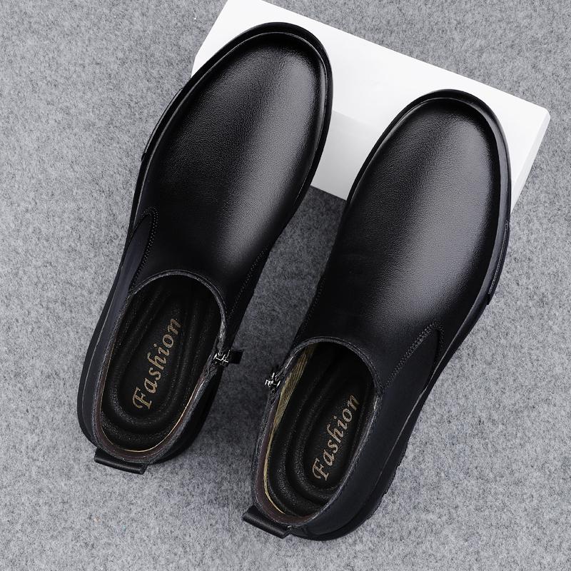 Fashion Genuine Leather Mens Chelsea Boots Comfortable Ankle Boots Fashion Winter Plush Snow Botas Outdoor High Top Shoes Business Boots