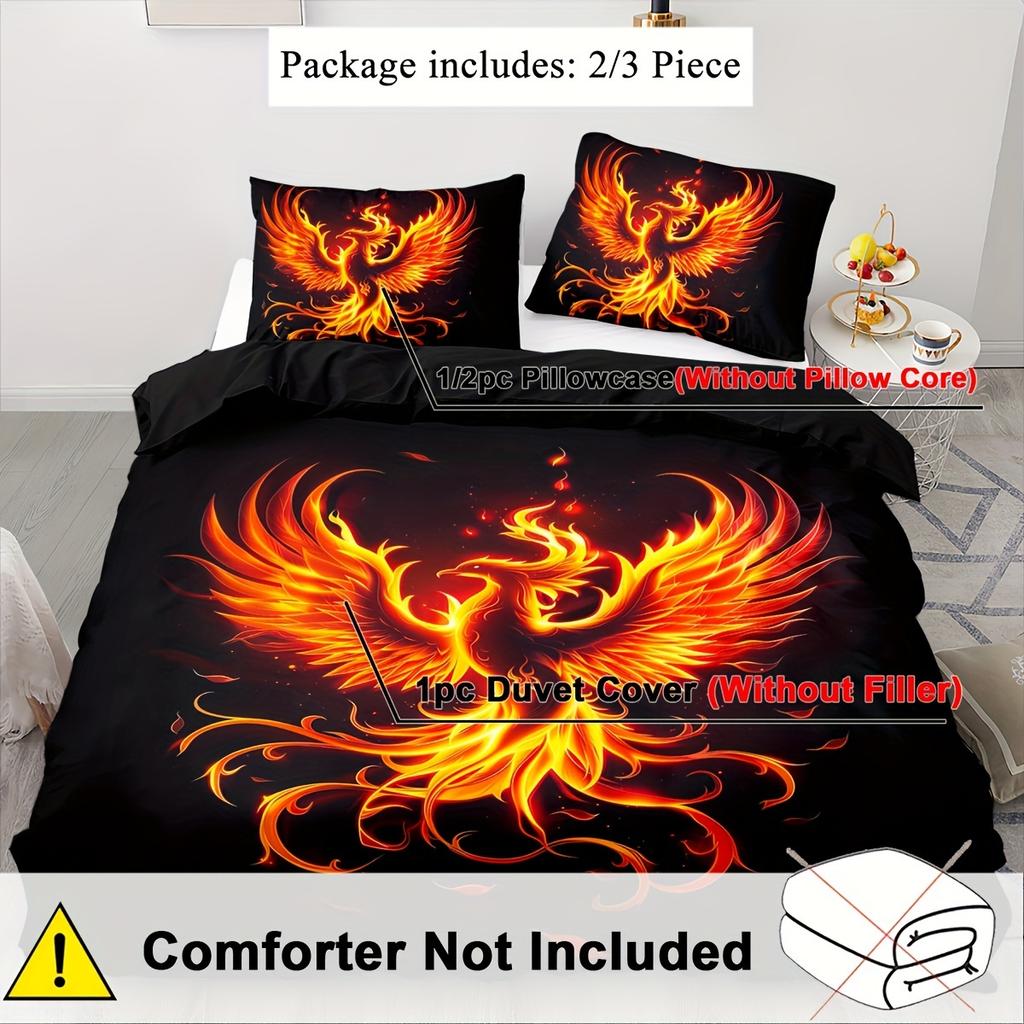 2/3Pcs Soft Comfortable Duvet Cover Duvet Cover Sets, Burning Phoenix Quilt Set, Black Background, Magic Bedding Set