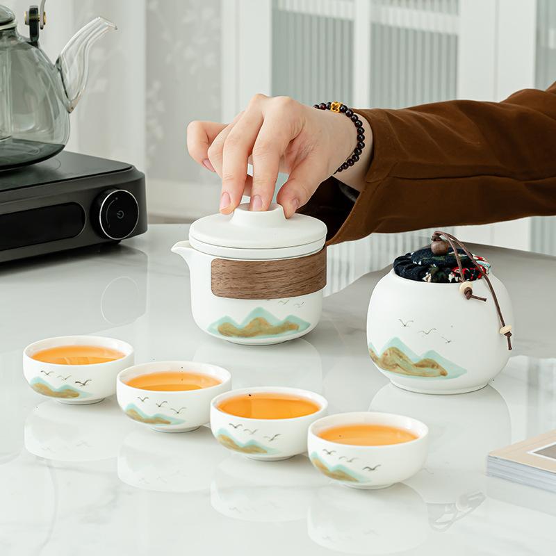 Yanhe coarse pottery Qingshan one pot four cups travel set outdoor ceramic teapot coarse pottery set Kuaike cup commemorative