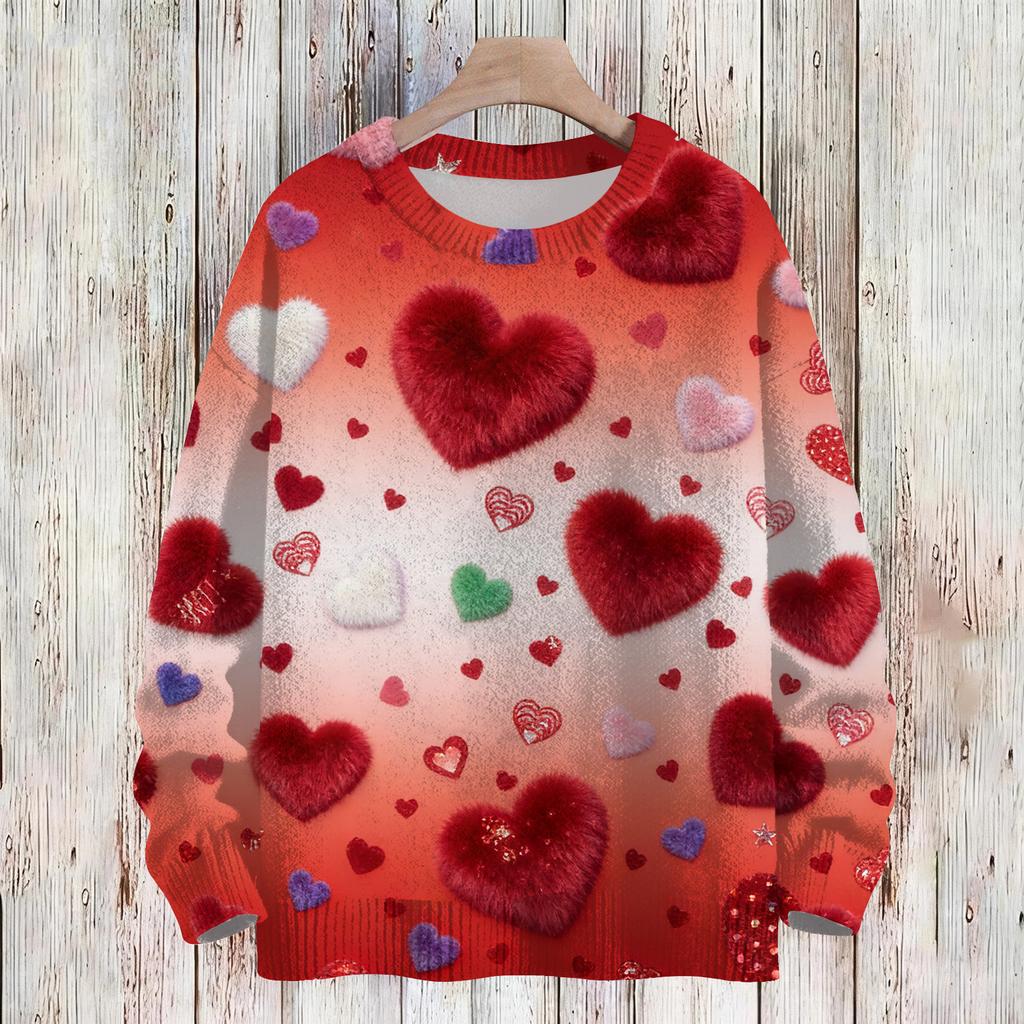 Women's Fashion Casual Long,Sleeve Valentine's Day Round,Neck Knit Pullover Top