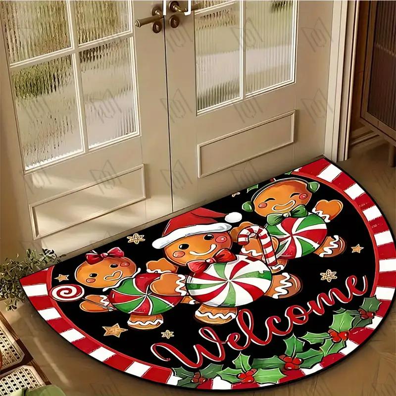 Christmas Gingerbread Man Welcome Doormat Easy-Clean Home Décor Semi-Circular Entrance Hall Doormat Indoor/Outdoor Rug