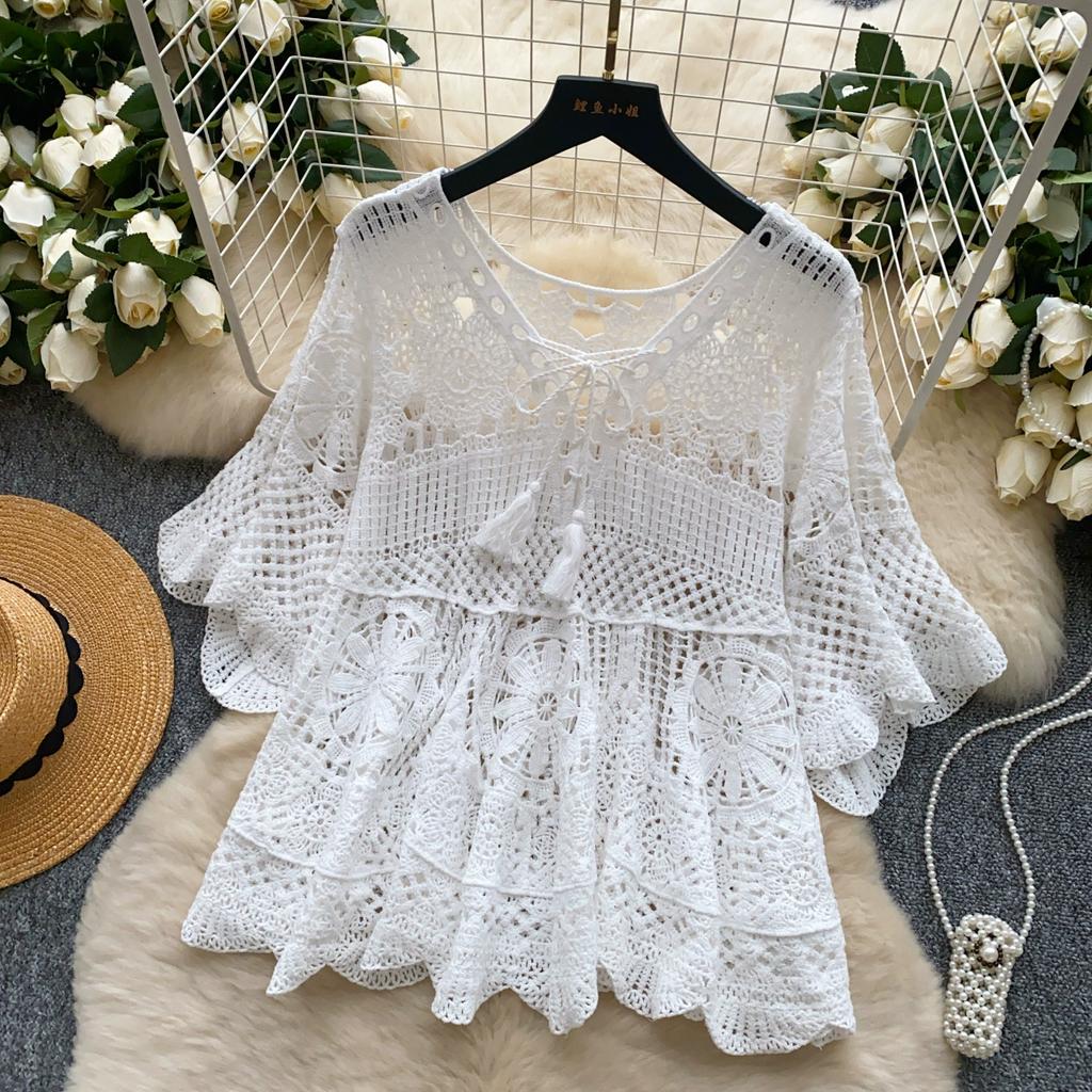 Dimanaf 2025 New Tees Summer Women Beach T-Shirt Basic Fashion Tops Lace Tees Casual Loose White