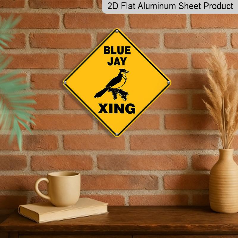2D Flat 1pc, Funny Blue Jay Xing Crossing Sign - Metal Warning Plaque with Lettering & Bird Graphic, Yellow/Black Durable Iron Indoor/Outdoor