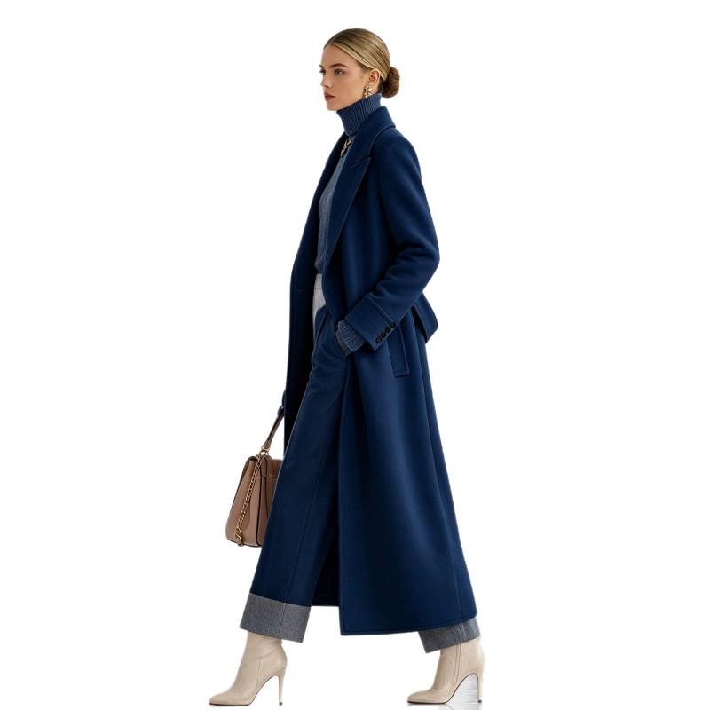2026 Winter Women Long H-line Notched Lapel Wool Blend Coat Commuter Outerwear