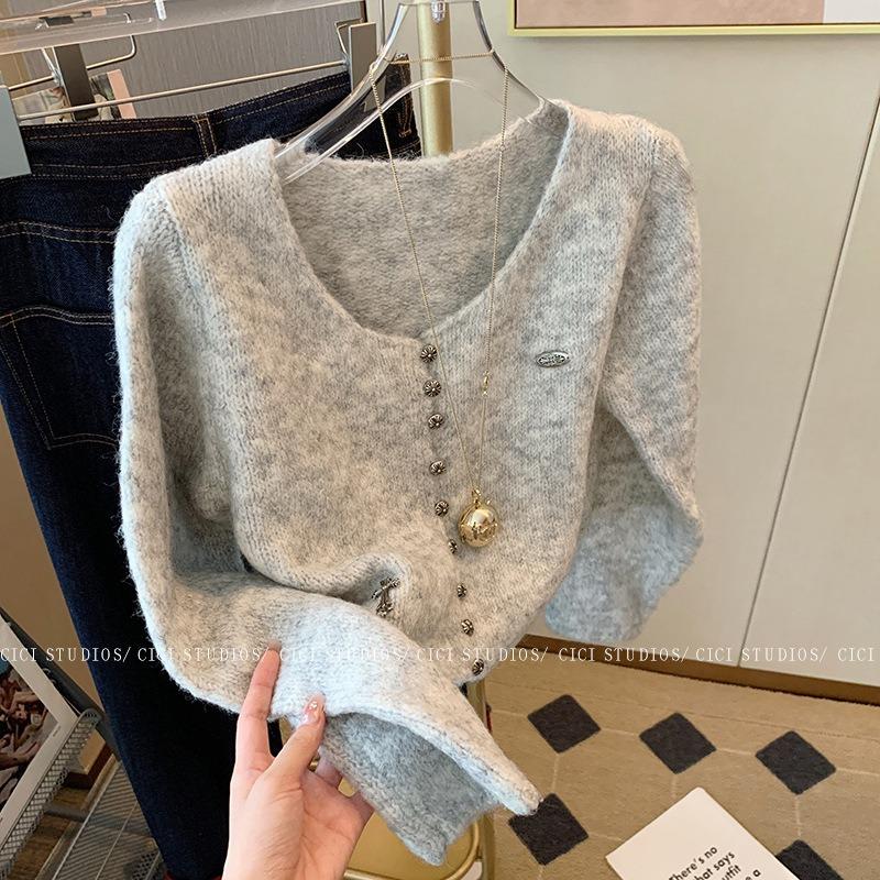 

Lazy wind soft waxy gray v-neck knitted cardigan women s autumn new design sense thin short top L