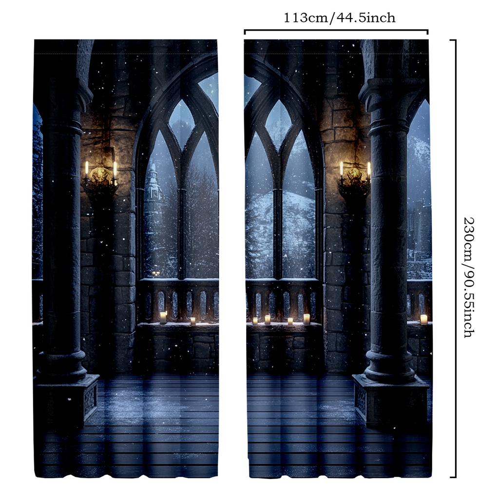 2pcs Gothic Fantasy Curtains - Enchanting Full Moon   Birds   and Castle Balcony Design with Burning Candles - Polyester Drapes fo