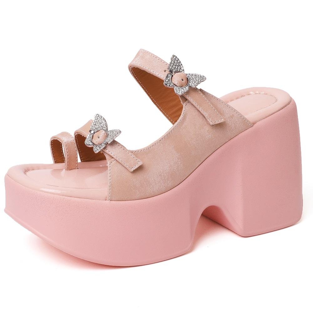 Summer France Style Outside Slim 10 CM High Heels Platform Peep Toe ButterFly Decoration Genuine Leather Women Rome Slippers