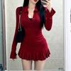 Spice Girls Wear Hip-wrapped Skirt Women's Clothing Autumn and Winter New Year's Robe Red Long-sleeved Top Half-length Skirt Two-piece Set