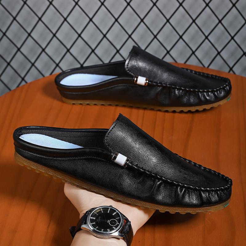 Fashion Handmade Casual Leather Slippers Men Summer Beach Slides Sandals Fashionable Outdoor Male Muller Shoes Non Slip Comfy Half Drag