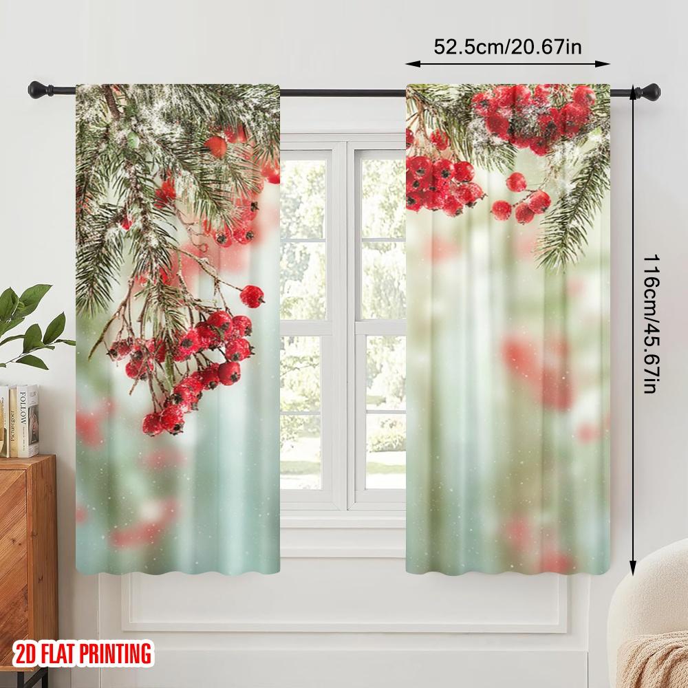 2 Stück, 2D-Flachdruckmuster Vorhänge Immergrüne Tannenzweige Rote Reife Stechpalmenbeeren 100% Polyester (ohne Stange) Urlaubsnutzung