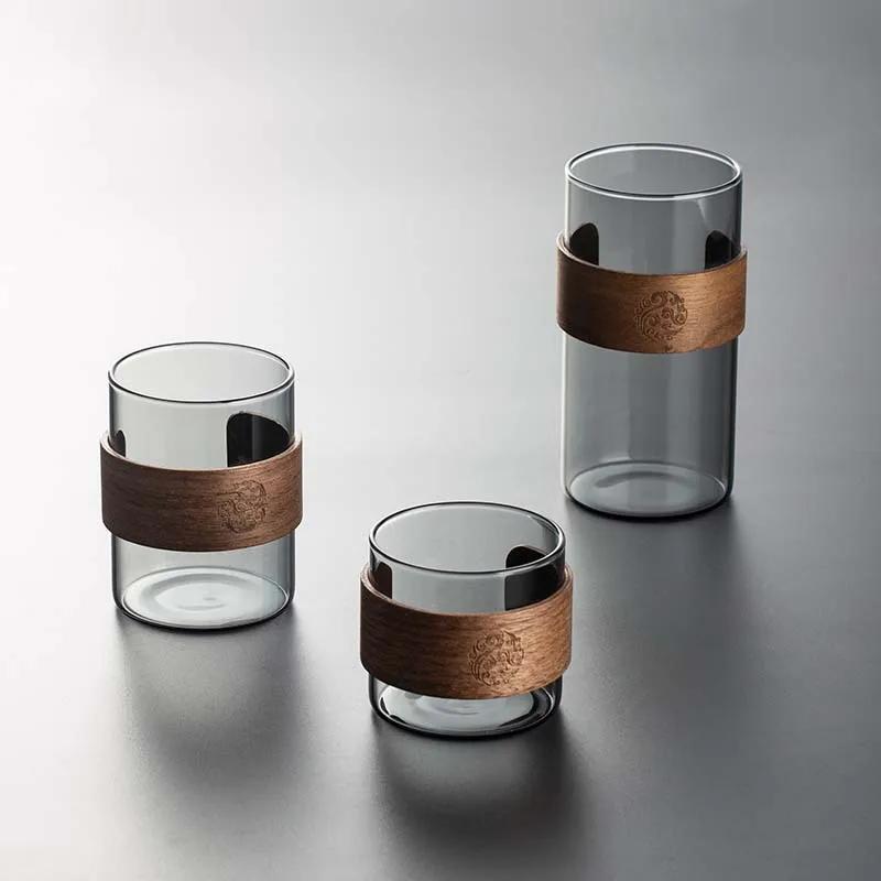 Thickened Glass Tea Cup with Wooden Ring Heat-resistant and Heat-resistant Water Cup Master Cup Household Glass Cup Coffee Cup