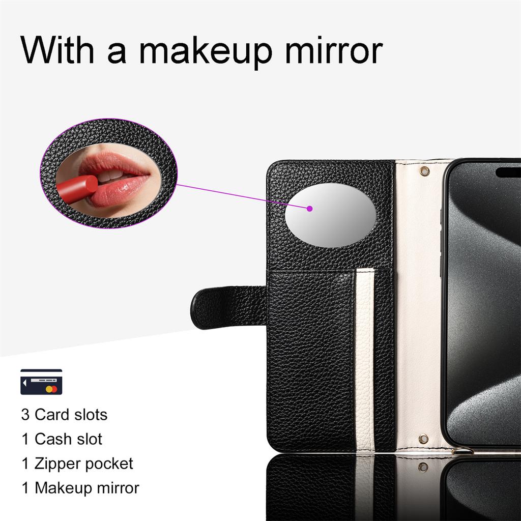 Leather Phone Case for iPhone 12 - 16 Series with Coin Pocket, Card Slot, Mirror & Stand – Multiple Colors