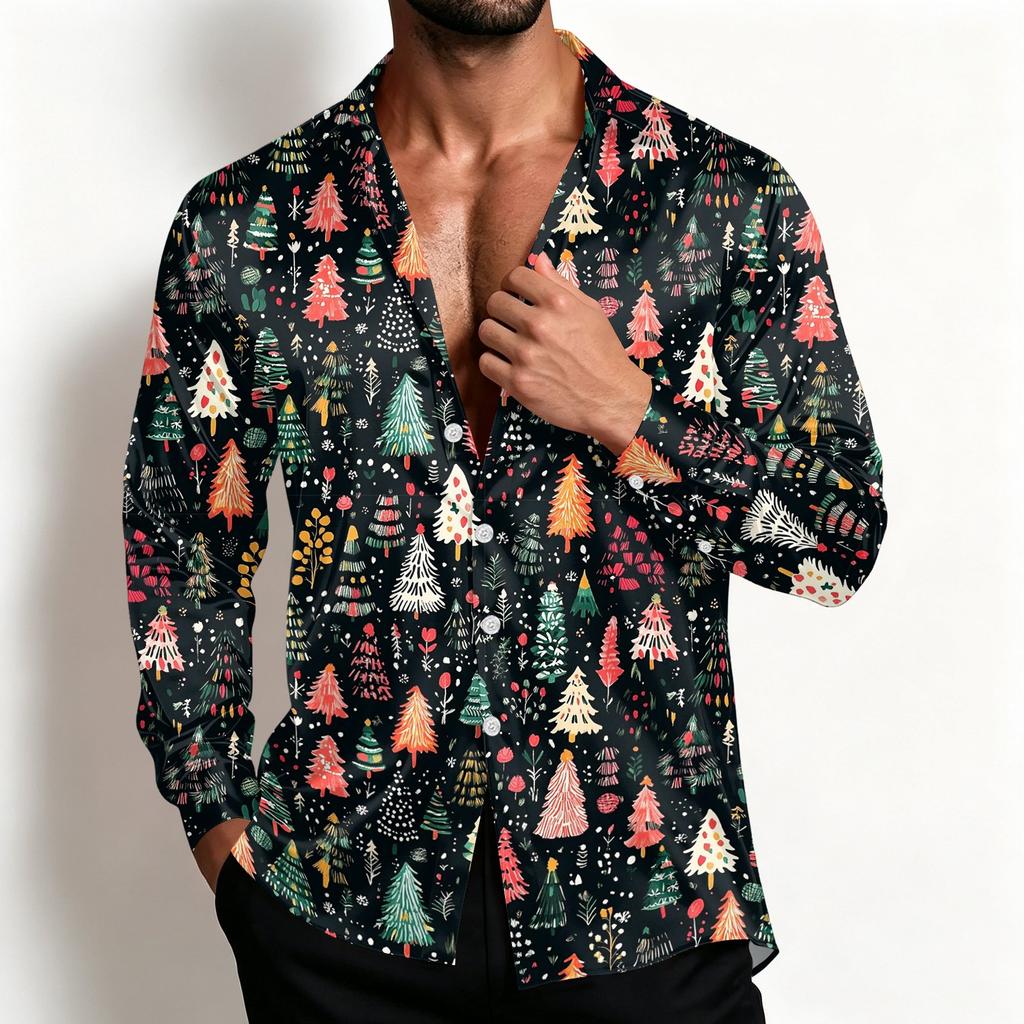 Men's Casual Christmas Shirt Jacket with Turn-Down Collar, Loose Fit, Breathable for Spring and Fall