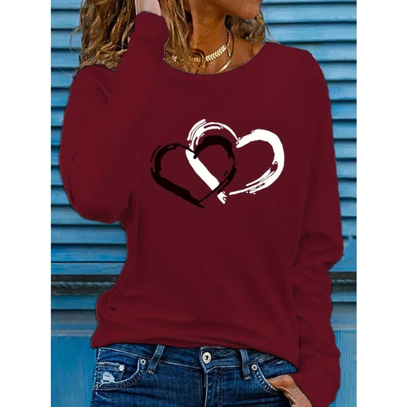 Two heart-shaped printed round neck women's long sleeved T-shirts