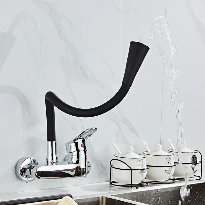 Kitchen Tap Household Wall Mounted Faucets Bathroom Mixing Tap Sink Swivel Tap Modern Flexible Hose Double Hole Faucet