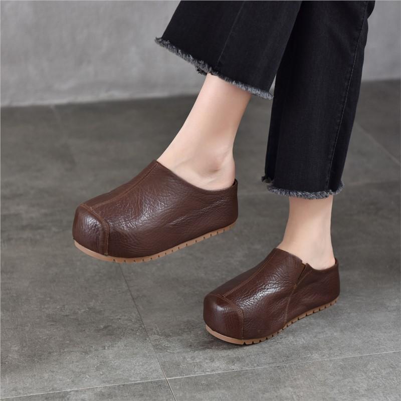 Johnature Genuine Leather Height-increasing Sandals Versatile Thick Soled Round Toe Women's Outdoor Slippers