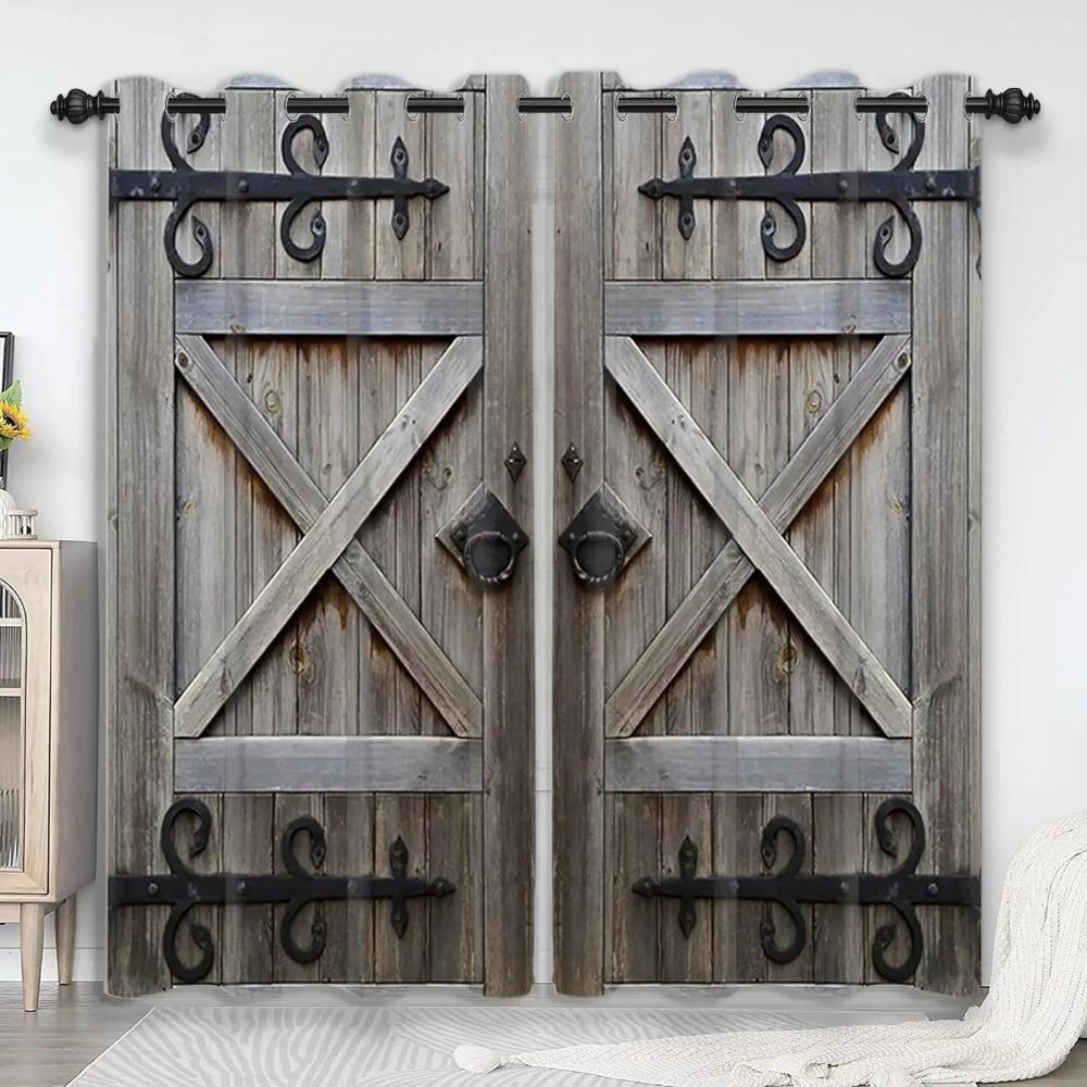 2 шт. Імітація сільського дерев'яного дверного візерунка Світлонепроникні штори Вітальня Спальня Кабінет Розсувне вікно Домашній декор Люверси зверху