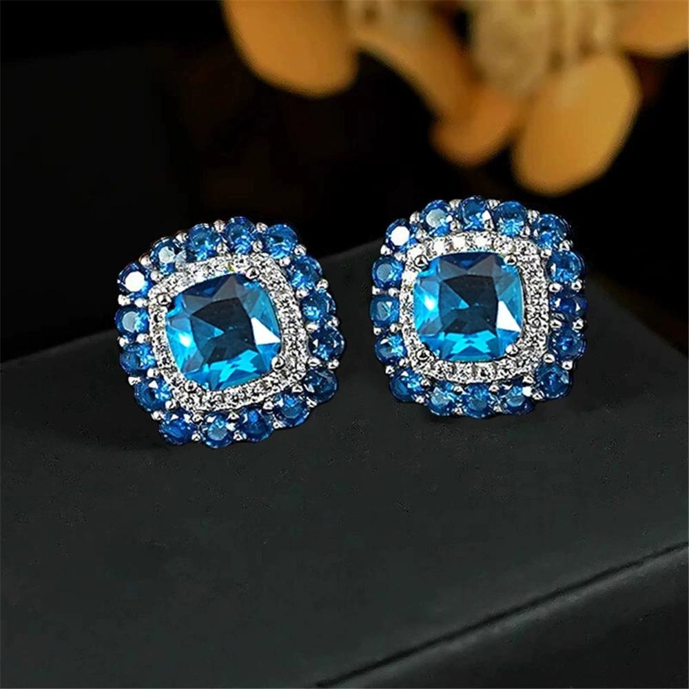 Cute Female Blue Green Zircon Stone Stud Earrings Vintage Silver Color Wedding Party Gift For Women