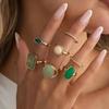 SHIXIN 7Pcs/Set Luxury Retro Green Acrylic Resin Finger Ring for Women Fashion Geometric Gold Color Stackable Ring Charm Jewelry