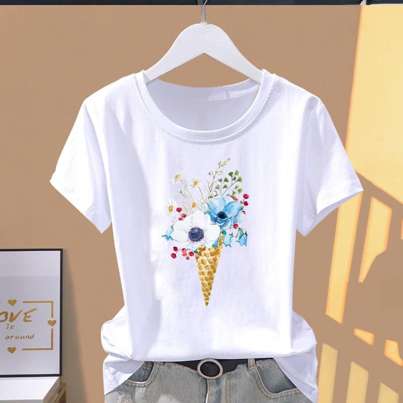 (Asian Size) lovely plant trend Graphic Female Top Women's Clothing T O-neck Tee Fashion Print Casual Short Sleeve T-shirts