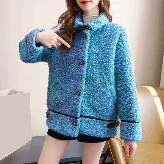Winter Women Coat Single-breasted Turn-down Collar Long Sleeves Loose Thick Plush Pockets Belt Decor Windproof Warm Jacket