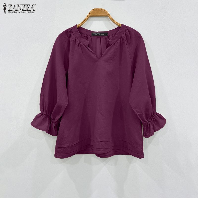 ZANZEA Women Casual V-Neck Solid Color Loose Long Sleeve Blouse