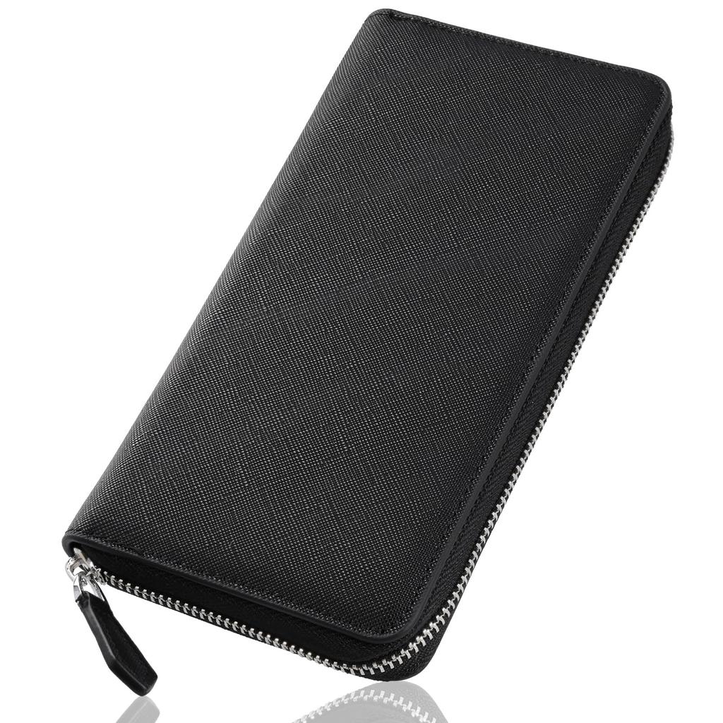 NobleTicks Black Genuine Leather Long Wallet with Large Round Zipper Holds 8 Popular with College Stylish Men's Capacity, Closure, Cards, Students,