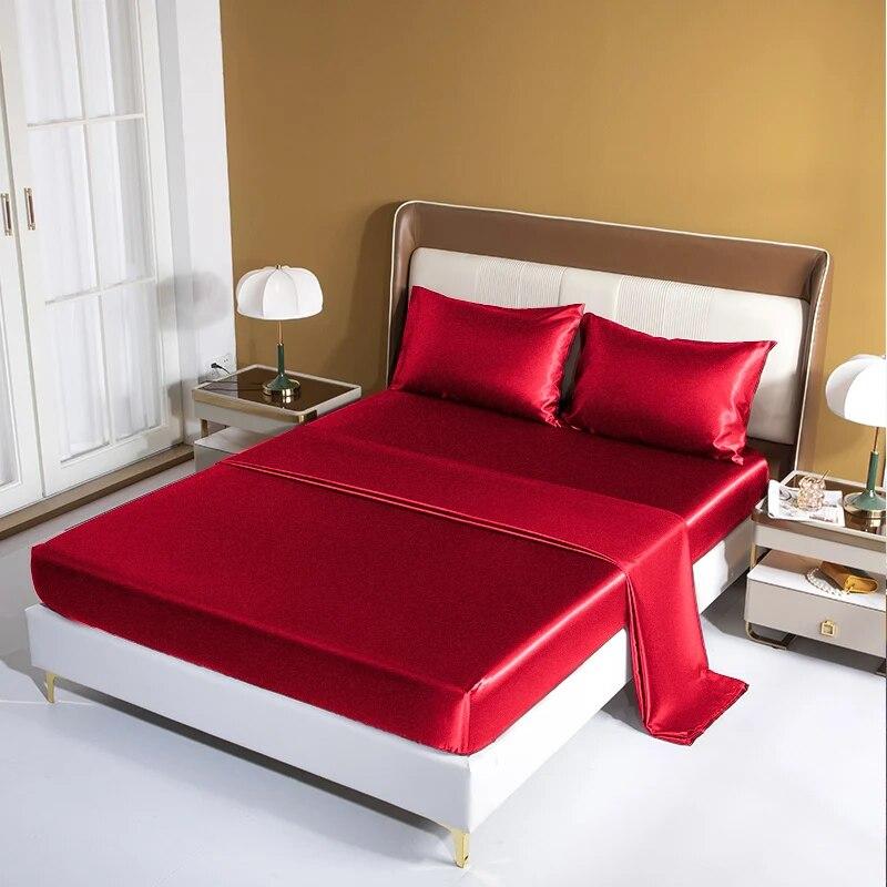 Luxury Satin Bed Sheet Set Rayon Fitted Sheet Height 35cm 21 Colors Optional  Flat Sheet Set Soild Color Bedding Set