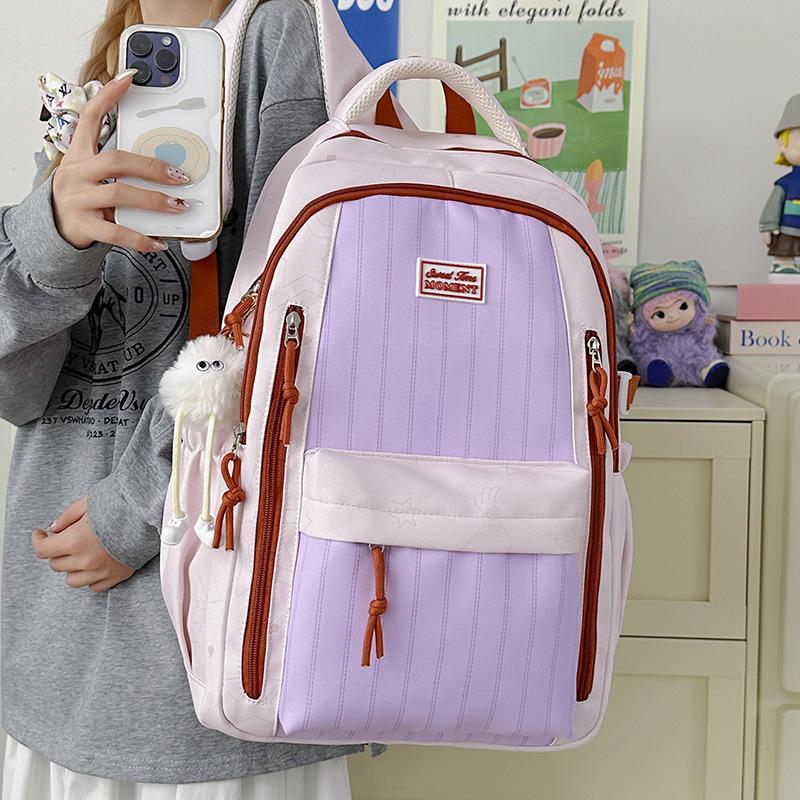 Schoolbag Female college style lightweight versatile soft girl backpack Korean version ins tree stripe junior high school travel bag