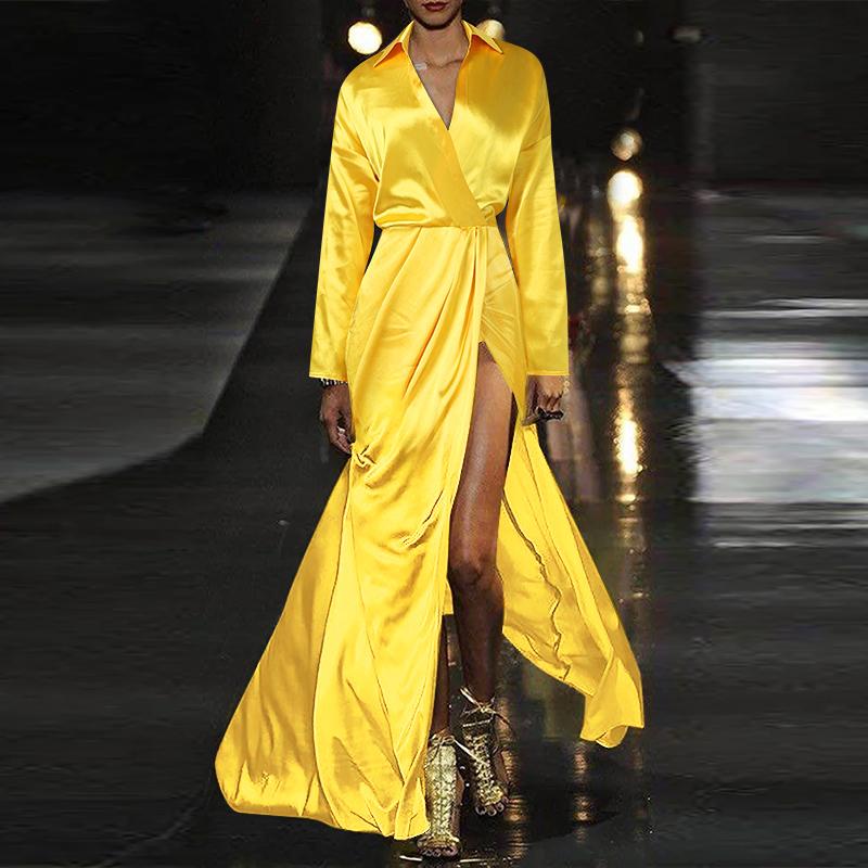 

VONDA Женское модное однотонное атласное платье-рубашка с длинными рукавами и разрезом L