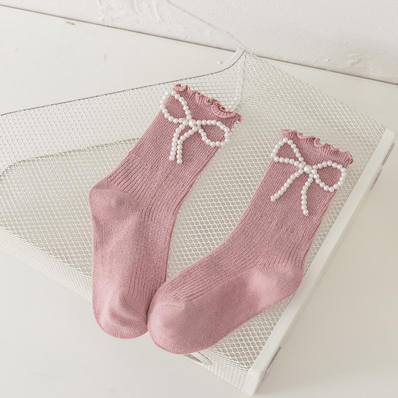 

Девочкины хлопковые носки с рюшами, жемчугом и бантами L for Ages 5-8, Foot Length 16-19cm