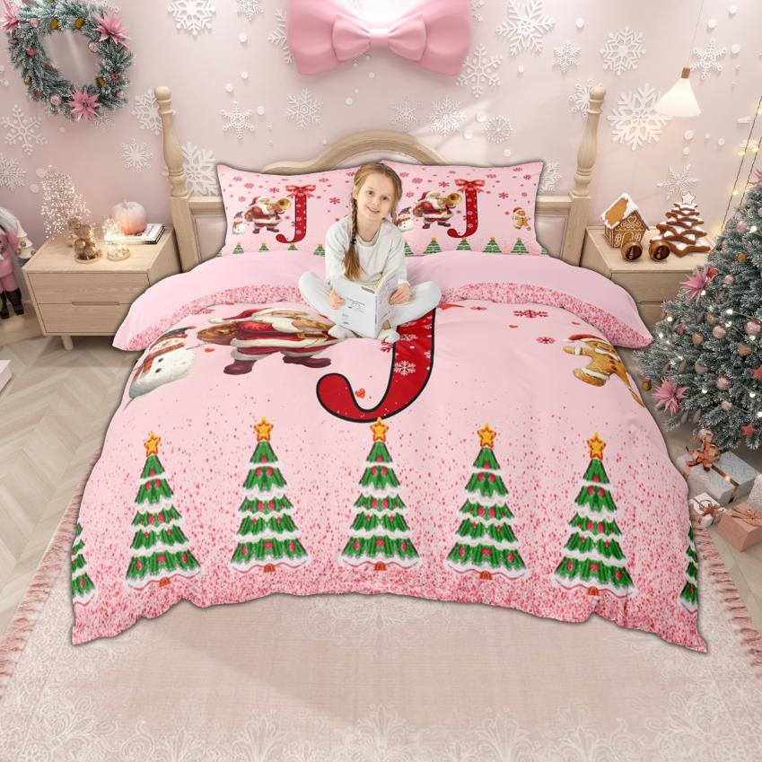 Homewish Xmas Monogrammed Duvet Cover Set For Boys Girls Christmas Santa Claus Bedding Set Girls Pink Snowflakes Quilt Cover