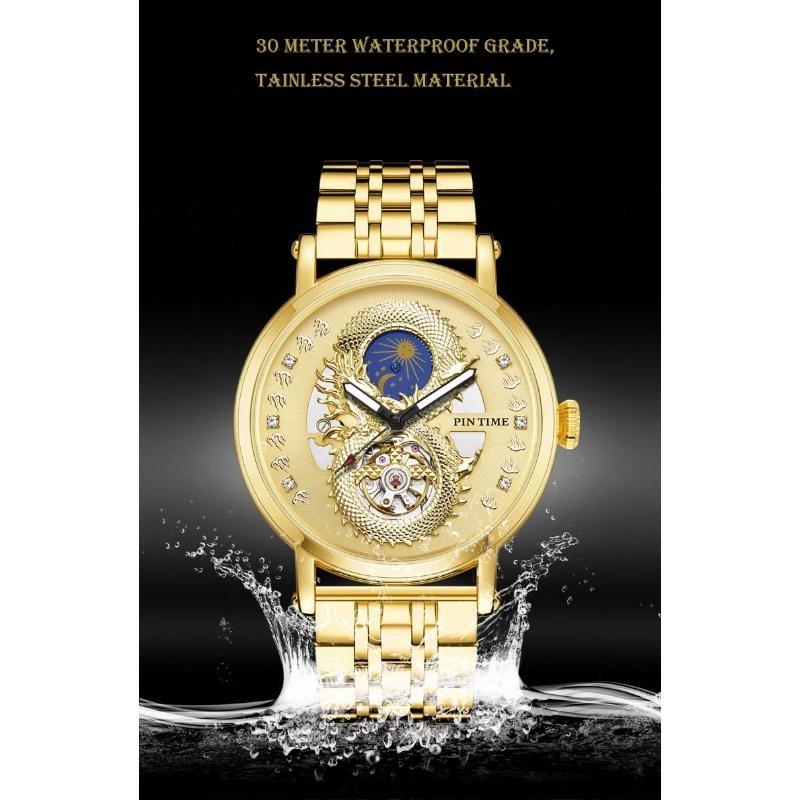 PINTIME Luxury Gold Stainless Watch Dragon Skeleton Mechanical Watch Men Moon Phase Tourbillon Wristwatch