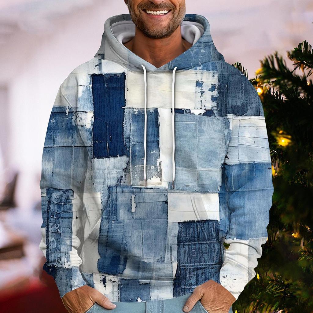 Pánská volná etnická mikina s kapucí s 3D potiskem, imitace džísoviny, patchwork, ležérní móda, sportovní mikina