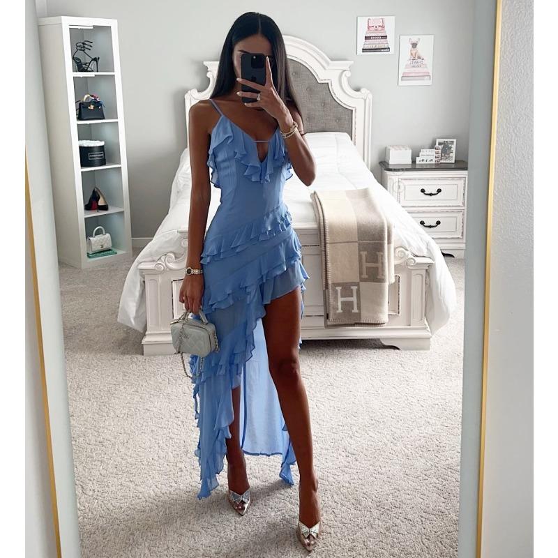 women s Ruffled Asymmetrical Hem Spaghetti Strap Bodycon Maxi Dress Evening Party Gown S небесно-голубой