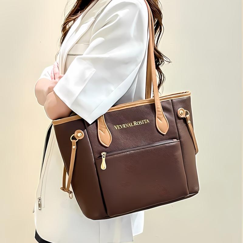 Color Contrast PU Leather Tote Bag, Adjustable Side Strap Large Capacity Shoulder Handbag For Women Office Commute Daily Shopping