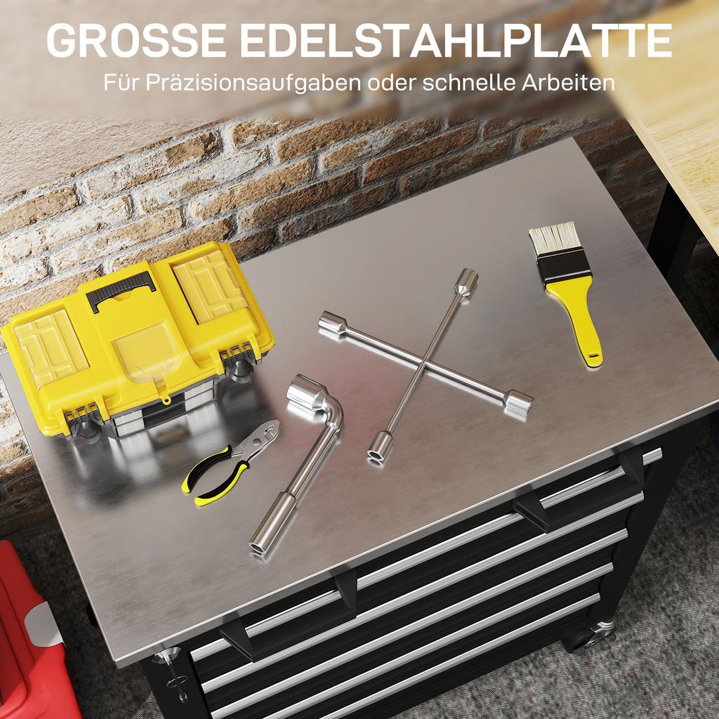 Tool Cabinet with 5 Drawers, Rolling Tool Chest, Tool Cart Made of Steel, Silver Tone+Black
