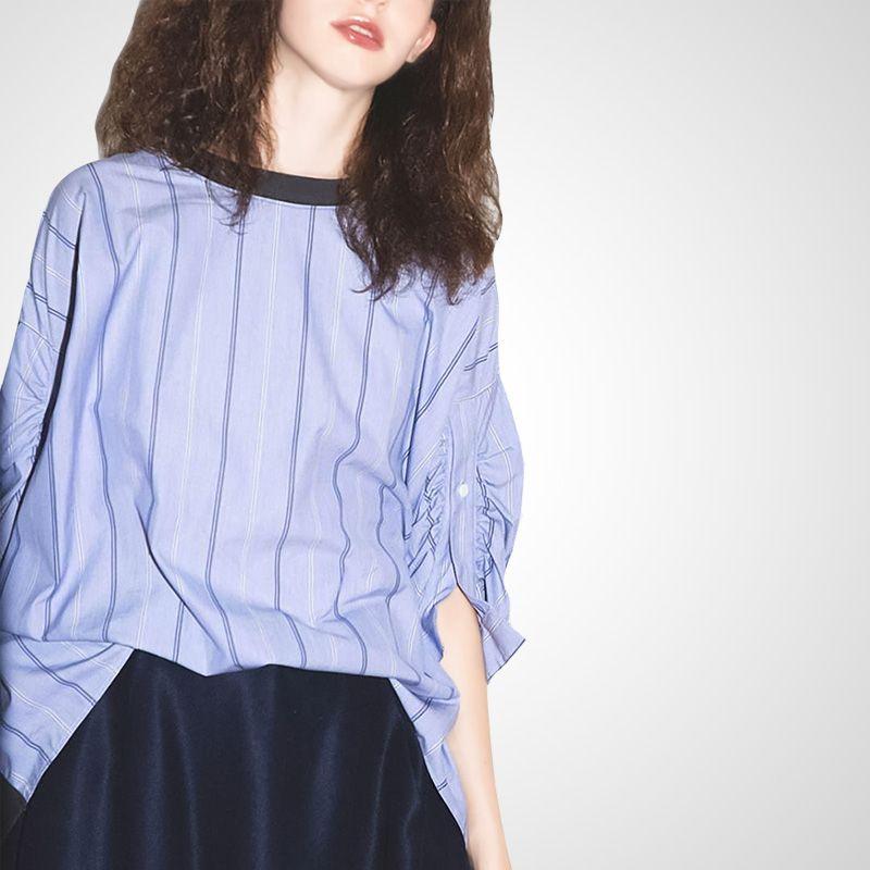 

Retro Summer Cropped Sleeves Pullover Loose Printed Shirt Blue Stripe XL