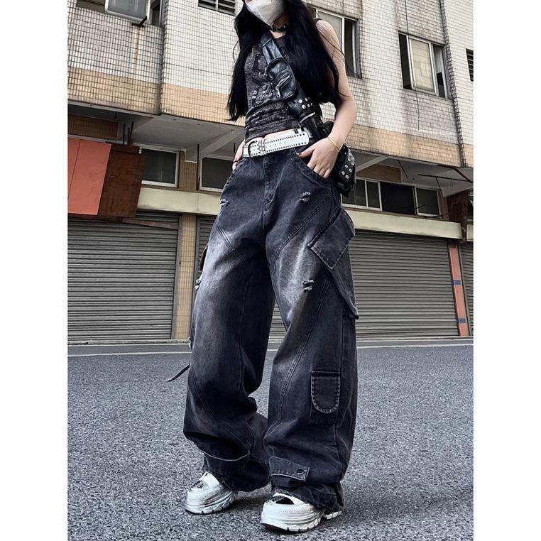 

Women s Plus Size American Streetwear Multi-Pocket Wide Leg Cargo Jeans Large чёрный