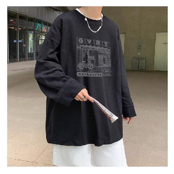 2024 Men's Long-Sleeved T-shirt Autumn Undershirt Long Sleeve Cotton Autumn Hong Kong Style Printing Loose Trendy Top