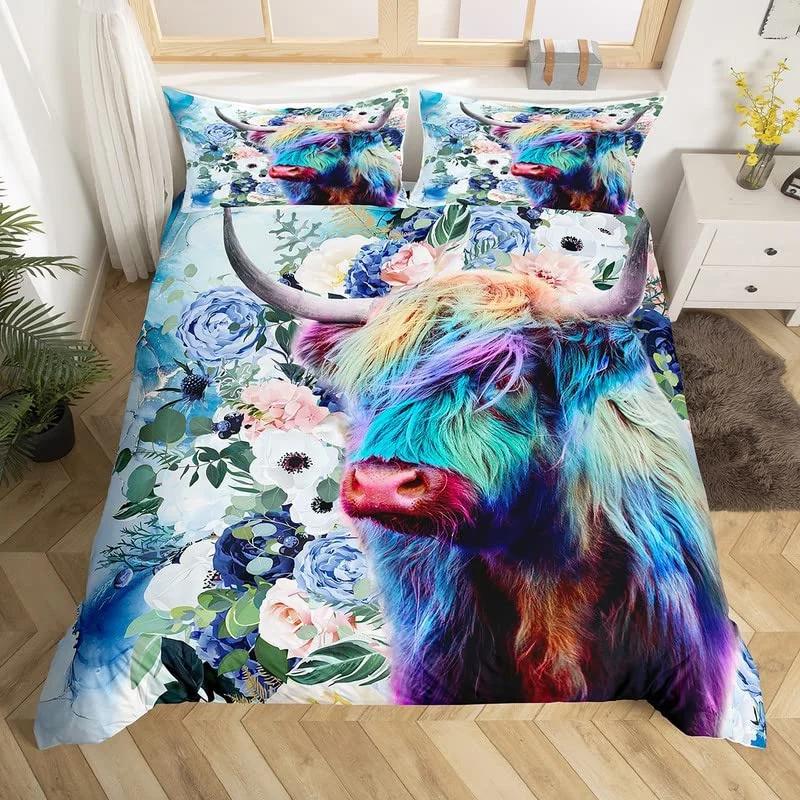 Hochlandkuh Bettbezug King-Größe Queen-Größe Westliches Bauernhoftier Steppdeckebezug Feine Mikrofaser Stier Rindvieh Floral Bettwäsche-Set