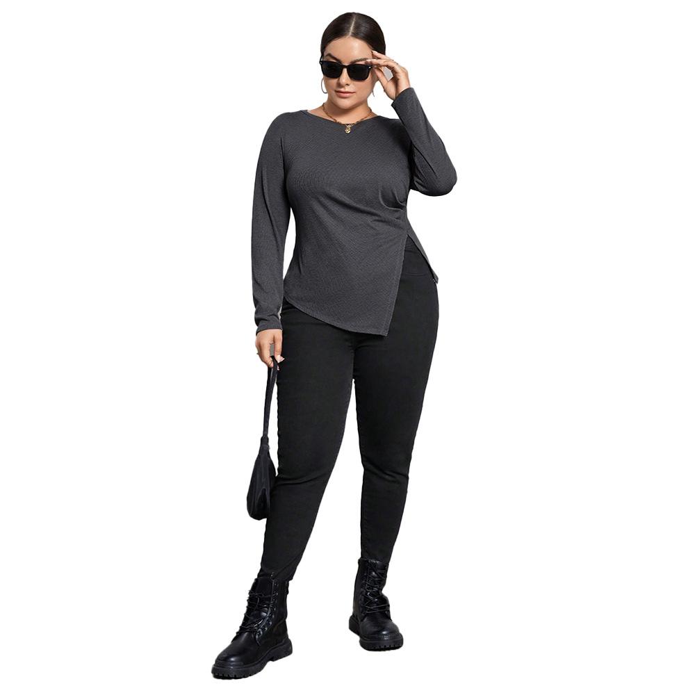 European and American large-size women's clothing spring and summer long-sleeved t-shirt fat mm irregular split-ended versatile bottoming slim-fit top