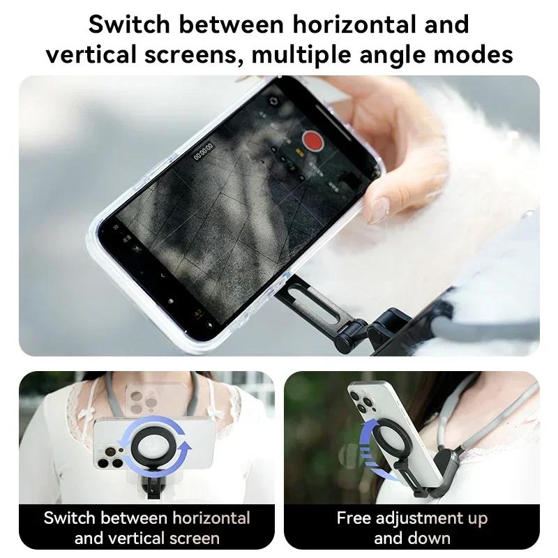 Přenosný držák na telefon na krk s magnetickým rychloupínacím držákem s více úhly, nastavitelný, vhodný pro chytré telefony s iOS a Androidem
